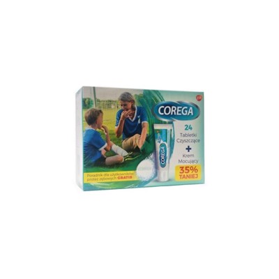 Zestaw Corega, tabletki czyszczące 24 sztuki + Krem mocujący Corega Super Mocny 40g