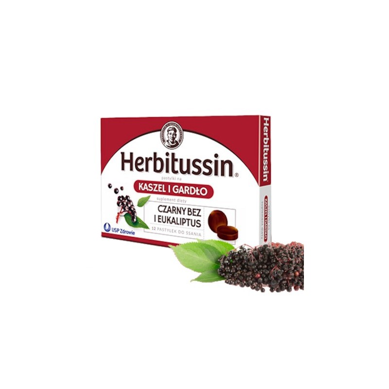 Herbitussin Kaszel i Gardło, czarny bez i eukaliptus, 12 pastylek do ssania
